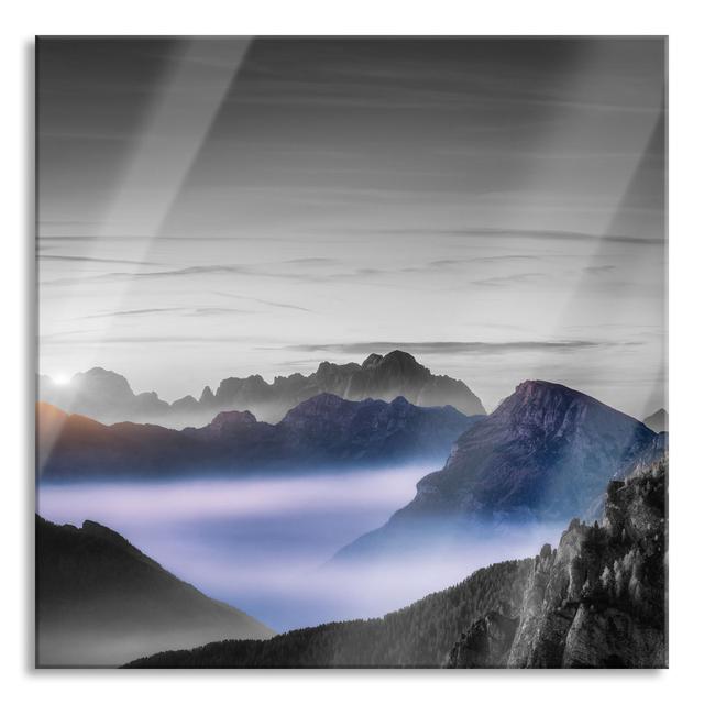 Glasbild Foggy Mountains at Sunrise Black and White Union Rustic Größe: 50 cm H x 50 cm B x 0,4 cm T on Productcaster.