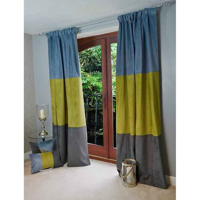 Crosen Patchwork Velvet Curtains 2 Panels Blue, Gold & Grey Luxury Soft Made To Order Curtains & Drapes (Set of 2) Ebern Designs Colour: Blue/Gold/Gre on Productcaster.