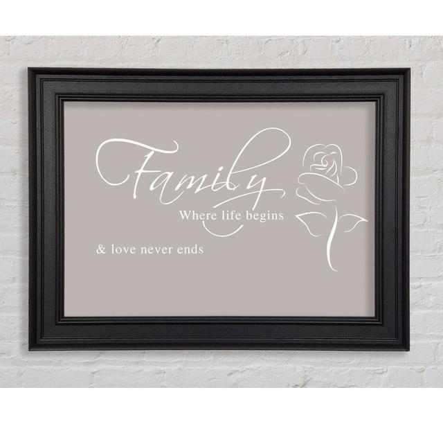 Family Quote Family Where Life Begins 1 Framed Print Happy Larry Size: 29.7cm H x 42cm W x 8cm D, Colour: Beige on Productcaster.