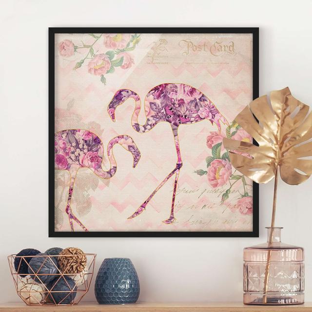 Vintage Collage - Pink Flowers Flamingos - Picture Frame Graphic Art Bay Isle Home Frame Option: Black, Size: 30cm H x 30cm W x 2cm D on Productcaster.