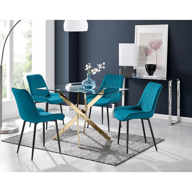 Lenworth Glass Rectangular Dining Table Set with 4 Luxury Velvet Chairs Canora Grey Table Base Colour: Gold, Colour (Chair): Blue/Black on Productcaster.