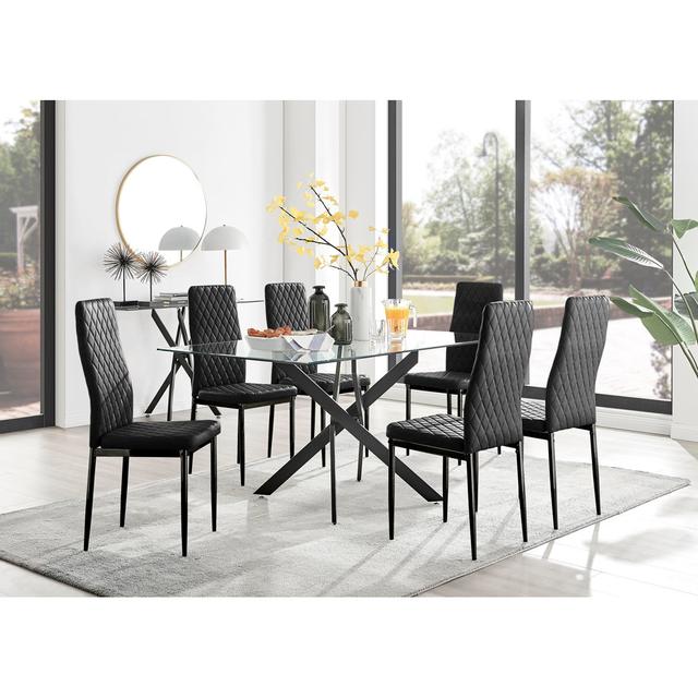 Lenworth Luxury Chrome and Glass Rectangular Dining Table and Chairs - x6 Velvet Chairs Metal Leg Furniture Box Table Base Colour: Silver, Chair Colou on Productcaster.