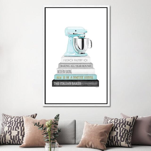 Baking Bookstack With Teal Mixer by Amanda Greenwood - Painting on Canvas Fairmont Park Format: White Framed Canvas, Size: 152.4cm H x 101.6cm W x 3.8 on Productcaster.