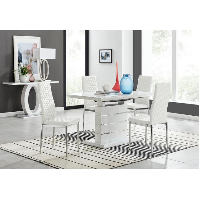 Eubanks 120Cm High Gloss Extending Dining Table And 4 Mustard Chairs Canora Grey Colour (Chair): White/Silver on Productcaster.