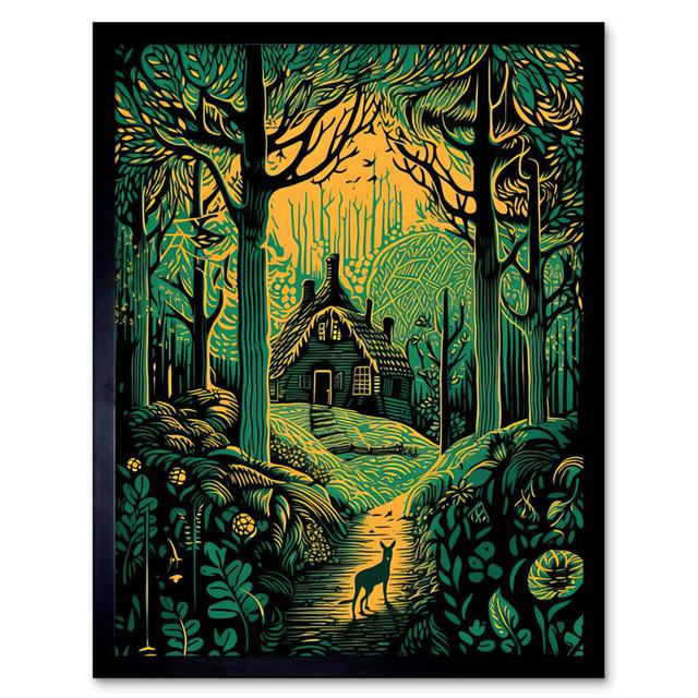 Aarion Cabin Hut In The Forest Green And Orange Linocut - Single Picture Frame Print Marlow Home Co. on Productcaster.