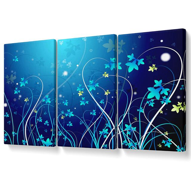 Blue Flowers - 3 Piece Wrapped Canvas Graphic Art Rosalind Wheeler Size: 142.2cm H x 304.8cm W on Productcaster.