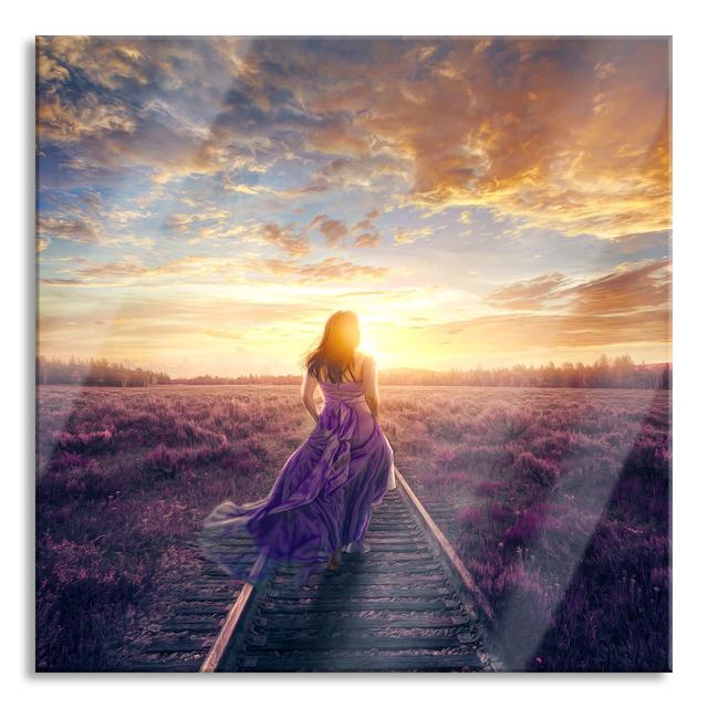 Woman On Rails At Sunset - No Frame Print on Glass Brayden Studio Size: 80cm H x 80cm W x 0.4cm D on Productcaster.