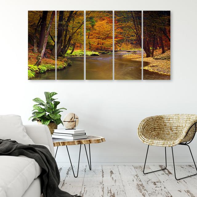 Leinwandbild Autumn Forest River Union Rustic Größe: 80 cm H x 200 cm B on Productcaster.