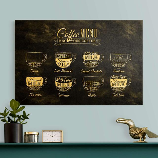 Leinwandbild Kaffeesorten Kreidetafel Happy Larry Format: 435g/m³ Canvas Gold, Farbe: Gold, Größe: 60cm H x 90cm B on Productcaster.