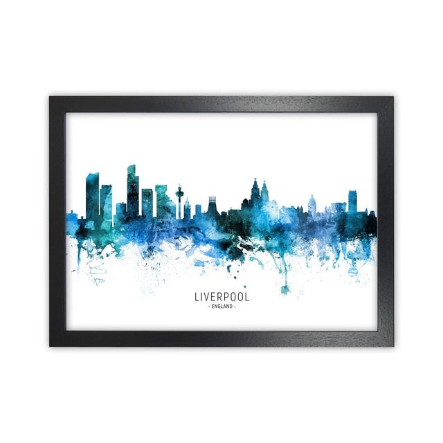 Liverpool England Skyline Blue City Name by Michael Tompsett - Print Ebern Designs Size: 46cm H x 63cm W x 3cm D, Format: Black Framed on Productcaster.