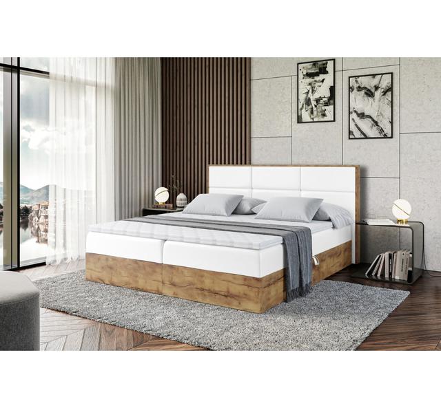 Boxspringbett in Holz- und Kunstlederoptik mit H4 Multipocket-Matratze, Bettkasten und Topper ModernMoments Farbe: Weiß, Größe: 200 x 200 cm on Productcaster.