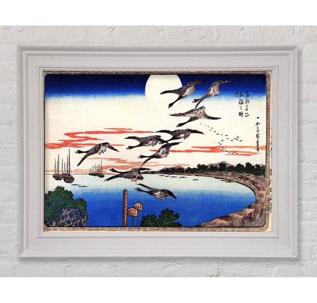 Hiroshige Geese Descending Over A Bay Framed Print Rosalind Wheeler Size: 84.1cm H x 142.2cm W x 8cm D, Format: White Framed Paper on Productcaster.