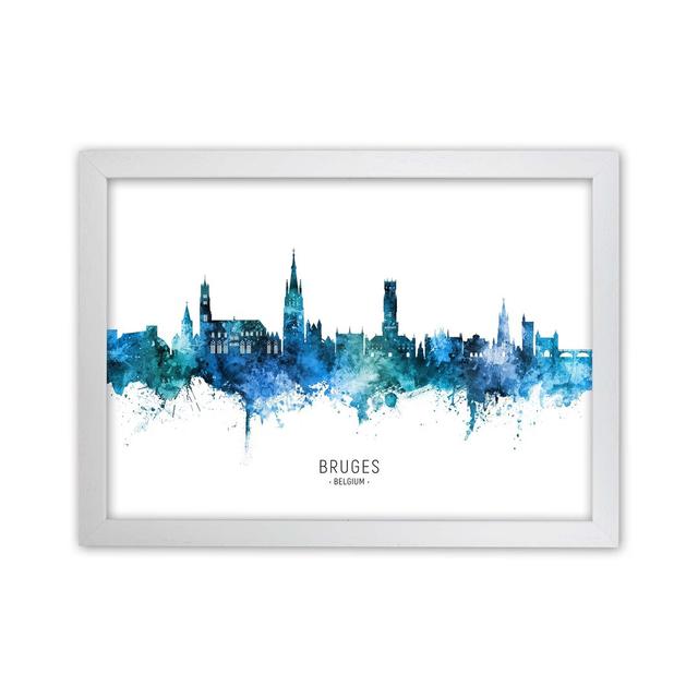 Bruges Belgium Skyline Blue City Name by Michael Tompsett - Graphic Art Ebern Designs Format: White Framed, Size: 46cm H x 63cm W x 3cm D on Productcaster.