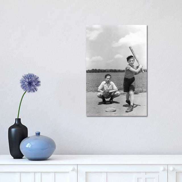 1930s Two Boys Batter And Catcher Playing Baseball - Wrapped Canvas Print ClassicLiving Size: 45.72cm H x 30.48cm W x 1.91cm D on Productcaster.