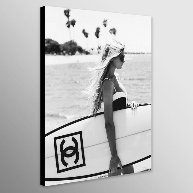 Surfer Girl Surboard - Closed Corner Frame Art Prints on Canvas Fairmont Park Size: 41cm H x 31cm W x 4cm D on Productcaster.