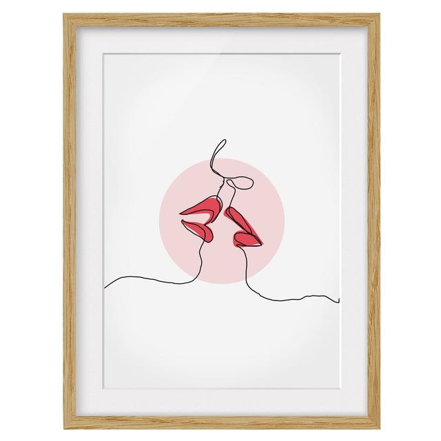 Picture With Frame - Lips Kiss Line Art - Portrait 4:3 - B Ivy Bronx Size: 55cm H x 40cm W x 2cm D, Frame Option: Brown on Productcaster.