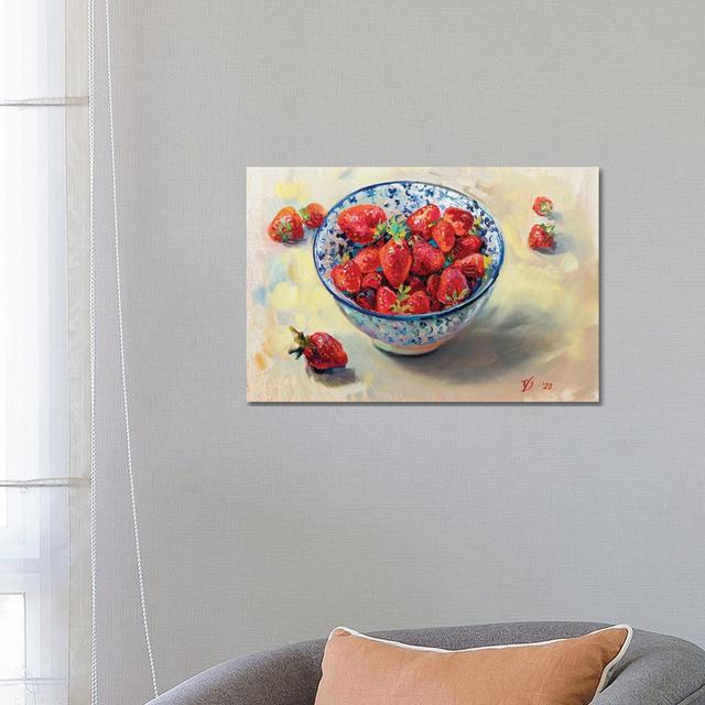 Strawberries in a Blue White Cup by Katharina Valeeva - Wrapped Canvas Painting ClassicLiving Size: 45.72cm H x 66.04cm W x 1.91cm D on Productcaster.