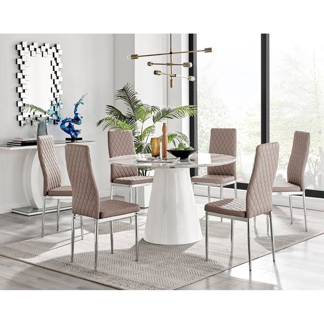 Palma White Marble Effect Round Dining Table & 6 Cappuccino Milan Chrome Leg Chairs Canora Grey on Productcaster.