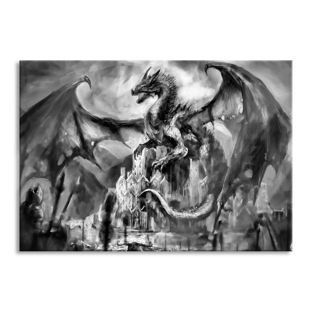 Glass art | Mural on real glass | Dragon protecting over castle | Incl. Suspension and spacers LFy13849 Maturi Size: 70cm H x 100cm W on Productcaster.