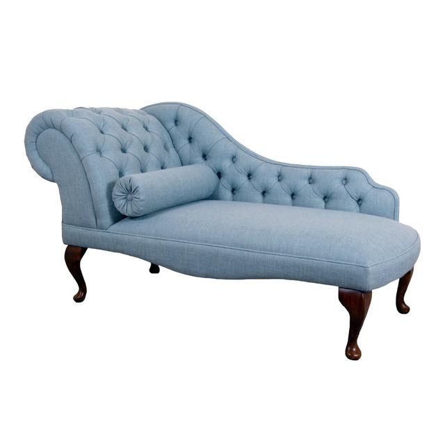 Loretta Upholstered Chaise Lounge Fairmont Park Leg Finish: Mahogany, Orientation: Left-Hand Chaise, Upholstery: Damask Blue on Productcaster.