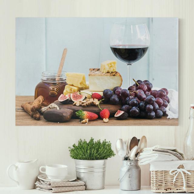 Cheese and wine - Wrapped Canvas Graphic Art Ebern Designs Format: 260g/m² canvas, Size: 40cm H x 60cm W on Productcaster.