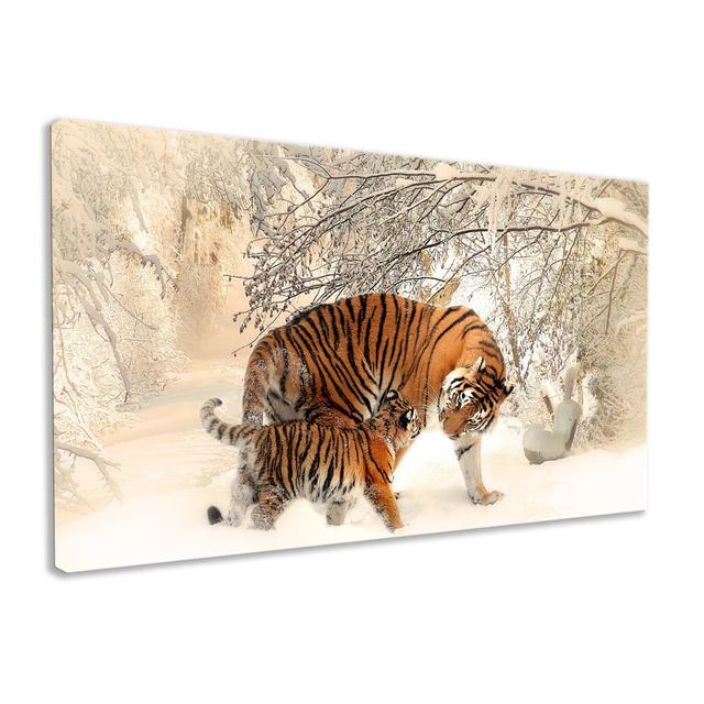 Tiger Fun in the Snow - Wrapped Canvas Photograph Ebern Designs Size: 51cm H x 76cm W on Productcaster.