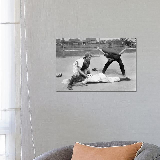 1950s Little League Umpire Calling Baseball Player Safe Sliding Into Home Plate - Wrapped Canvas Print Latitude Run Size: 45.72cm H x 66.04cm W x1.91c on Productcaster.