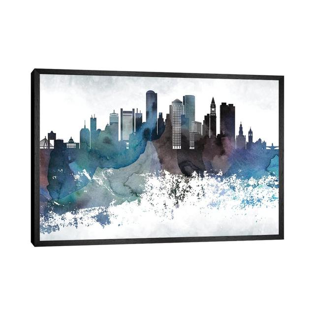 Boston Bluishl Skylines - Print Ebern Designs Size: 45.72cm H x 66.04cm W x 3.81cm D, Format: Black Framed on Productcaster.