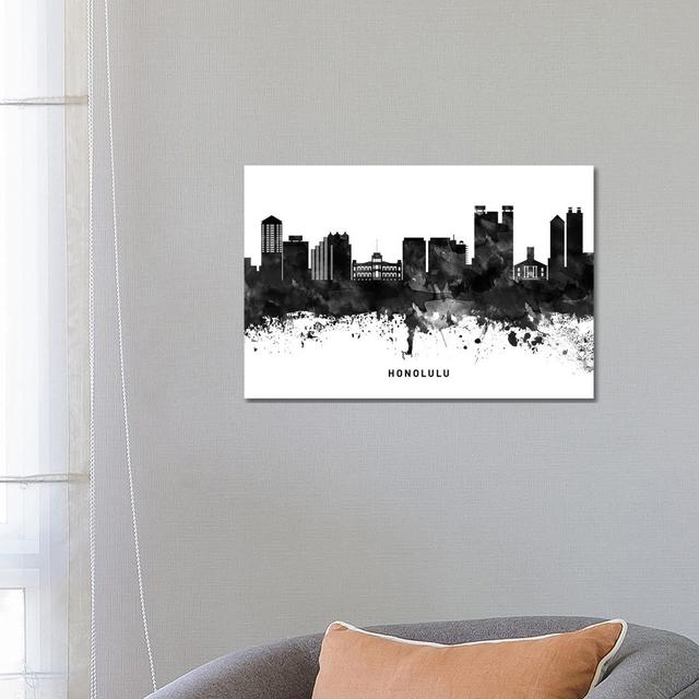 Honolulu Skyline Black & White by WallDecorAddict - Wrapped Canvas Print Brayden Studio Size: 45.72cm H x 66.04cm W x 3.81cm D on Productcaster.