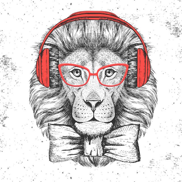 Odacia Hipster Animal Lion with Headphones by Ganna Bozhko - Wrapped Canvas Graphic Art Happy Larry Size: 91cm H x 91cm W x 3.8cm D on Productcaster.