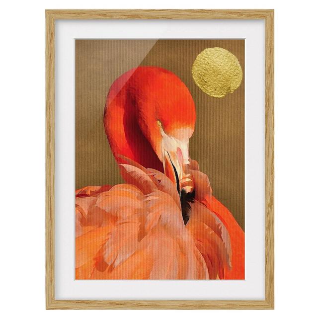 Golden Moon with Flamingo - Picture Frame Graphic Art Bay Isle Home Size: 100cm H x 70cm W x 2cm D, Frame Option: Brown Framed on Productcaster.