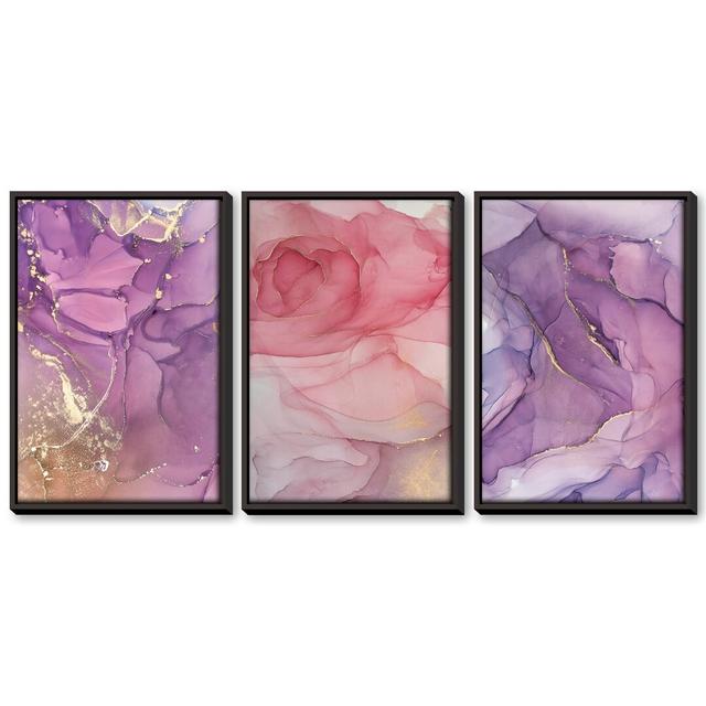 Brushed Petal - 3 Piece Graphic Art Set on Canvas Clock Canvas Format: Black Framed, Size: 60cm H x 120cm W x 4.5cm D on Productcaster.