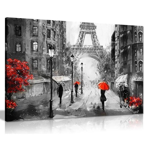 Black White Red Oil Painting Paris Eiffel Tower Street View Canvas Wall Art Picture Print Panther Print Size: 20cm H x 30cm W on Productcaster.