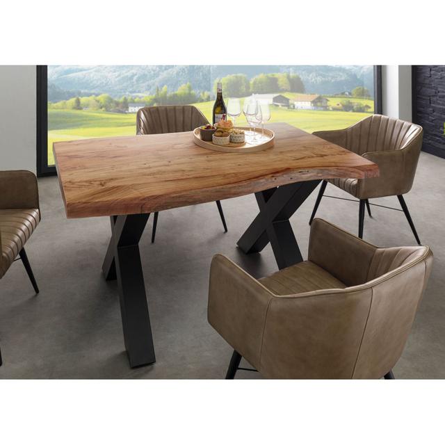 Freeform Solid Wood Top Metal Base Dining Table Massivmoebel24 Size: 77cm H x 140cm L x 90cm W, Table Top Colour: Natural sheesam wood, Table Base Col on Productcaster.