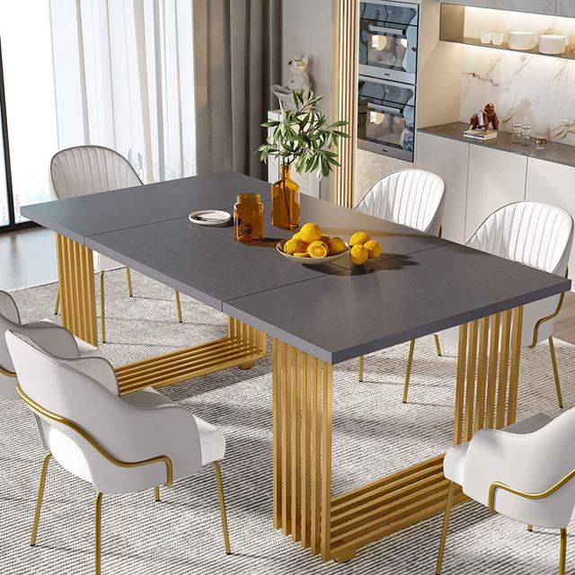 Legun Rectangle 180.1 Cm L x 78.7Cm W Dining Table Blue Elephant Base Colour: Gold, Top Colour: Grey on Productcaster.