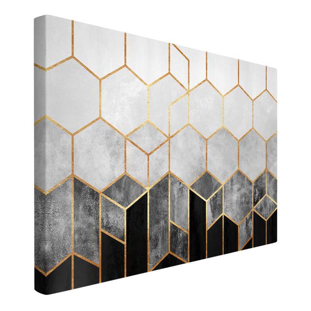 Golden Hexagons, Blue and White - Wrapped Canvas Painting Corrigan Studio Size: 60cm H x 90cm W, Frame Option: Black/Gray/White, Format: 330g/m² recyc on Productcaster.