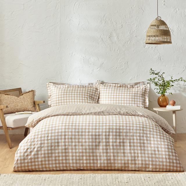 Metsahovi Cotton Chequered Duvet Cover Set with Pillowcases Brambly Cottage Colour: Beige/White, Size: King Duvet Cover + 2 Standard Pillowcases on Productcaster.