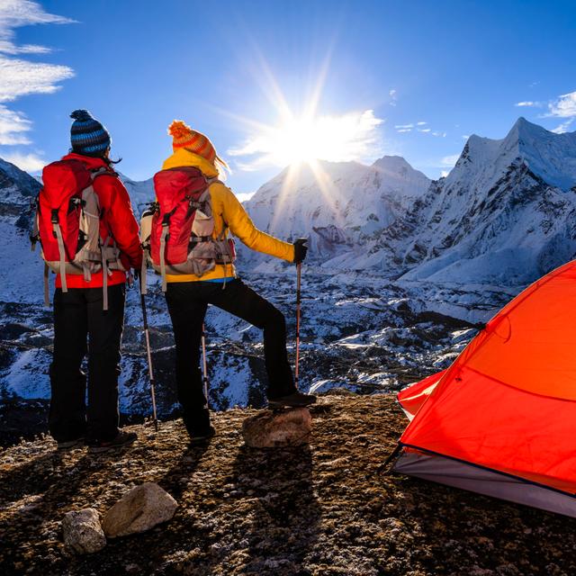 Women Watching Sunrise In Himalayas, Mount Everest National Park by Hadynyah - No Frame Art Prints on Canvas Alpen Home Size: 91cm H x 91cm W on Productcaster.