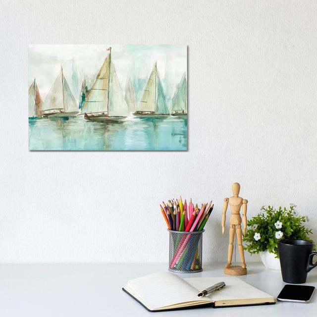 Blue Sailboats I by Allison Pearce - Painting on Canvas Breakwater Bay Format: Wrapped Canvas, Size: 20.32cm H x 30.48cm W x 1.91cm D on Productcaster.