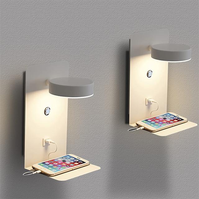 2 Pcs LED Indoor Bedside USB Wall Lamp, Bedside Wall Lights With Switch Tricolor Adjustable, Wall Light With USB Port And Shelf, Adjustable Bedside Re on Productcaster.