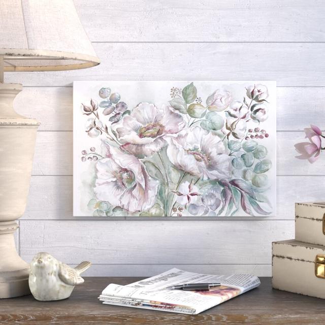 White Poppies and Eucalyptus III - Wrapped Canvas Graphic Art Print East Urban Home Colour: Green/Turquoise/Beige, Size: 71cm H x 107cm W x 4cm D on Productcaster.