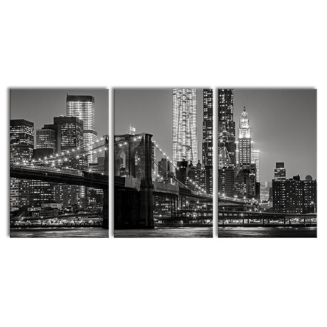 New York City Night Skyline - 3 Piece Photographic Printon Canvas East Urban Home Size: 120cm H x 240cm W on Productcaster.