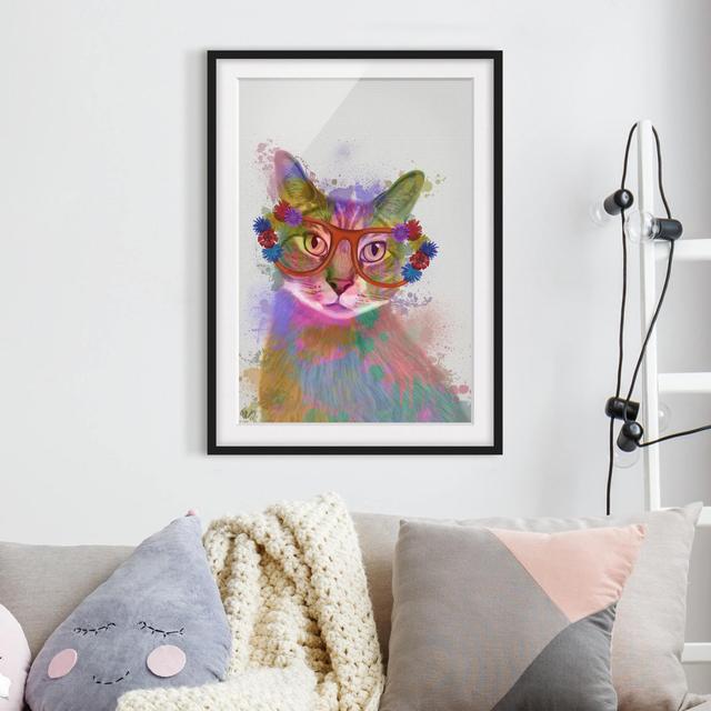 Picture With Frame - Rainbow Splash Cat - Portrait 4:3 Happy Larry Size: 70cm H x 50cm W x 2cm D, Frame Option: Black on Productcaster.