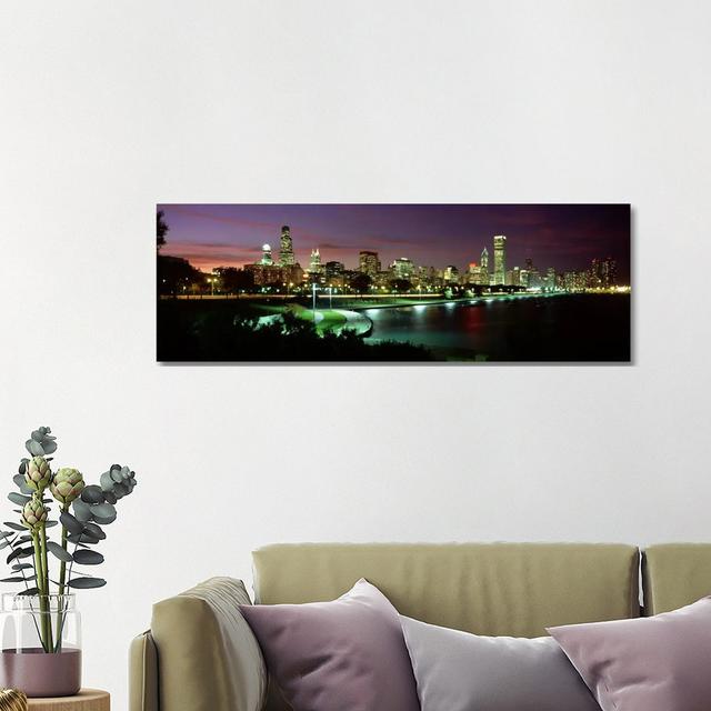 Night skyline Chicago IL USA #2 - Wrapped Canvas Panoramic Photograph Ebern Designs Size: 40.64cm H x 121.92cm W x 3.81cm D on Productcaster.