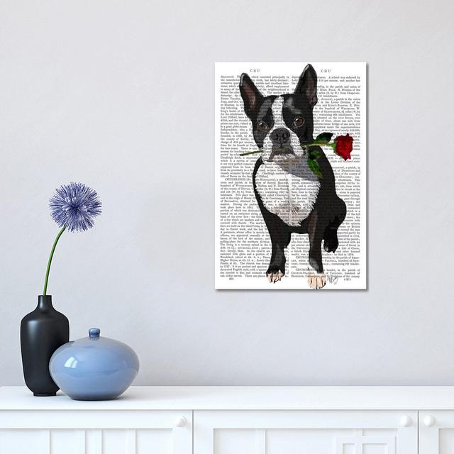 Boston Terrier With Rose In Mouth by Fab Funky - Wrapped Canvas Painting Marlow Home Co. Size: 45.72cm H x 30.48cm W x 1.9cm D on Productcaster.