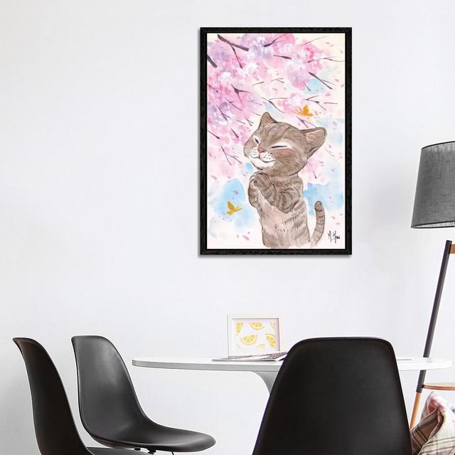 Cherry Blossom Wishes - Cat by Martin Hsu - Painting Print on Canvas Latitude Run Size: 101.6cm H x 66.04cm W x 3.81cm D, Format: Black Framed on Productcaster.