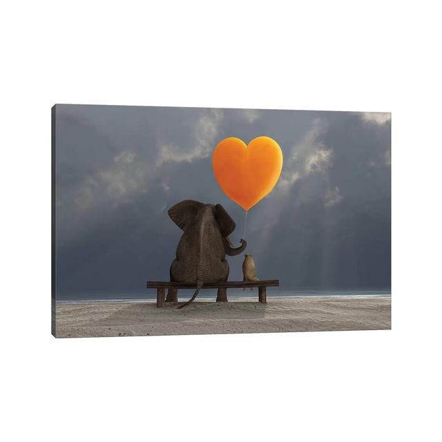 Elephant and Dog Holding a Heart Shaped Balloon by Mike Kiev - Wrapped Canvas Graphic Art Print Mack + Milo Size: 45.72cm H x 66cm W x 3.81cm D on Productcaster.