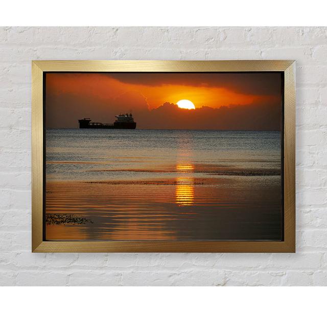 Ocean Ship Sun Glow Framed Print House of Hampton Size: 84.1cm H x 118.9cm W x 3.4cm D, Format: Black Framed Paper on Productcaster.