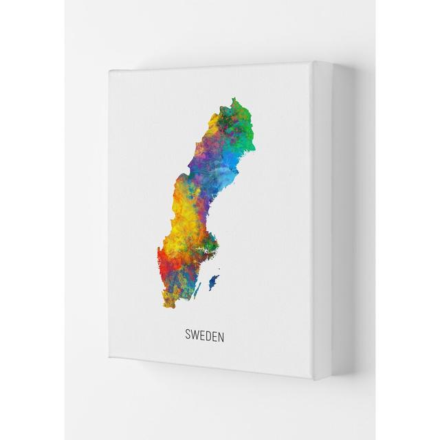 Sweden Watercolour Map by Michael Tompsett - Graphic Art Print Latitude Run Size: 42cm H x 29.7cm W x 4cm D, Format: Wrapped Canvas on Productcaster.