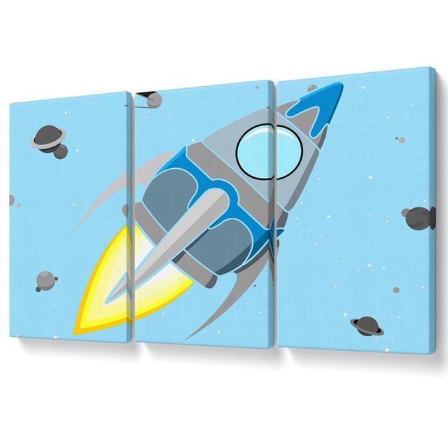 Rocket Ship Baby Blue - 3 Piece Wrapped Canvas Graphic Art Isabelle & Max Size: 50.8cm H x 106.6cm W, Colour: Baby Blue on Productcaster.